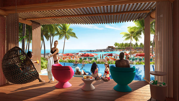 A rendering of one of the 20 cabanas at the upcoming Hideaway Beach adults-only area at Royal Caribbean's Perfect Day at CocoCay.