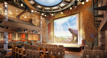 A rendering of the two-deck high movie theater on the upcoming Disney Treasure.