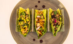 The Anti-anxiety taco is made with asparagus, avocado, salmon, and spinach; the Dream taco includes carrots and chicken breast; and the Stress-relieving taco features tuna, spinach, garlic and sesame seeds.