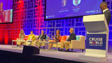 The Pitch Perfect: Multigenerational travel panelist, seated from left: Isabelle Bujold of Club Med; Marilyn Cairo of Karisma Hotels & Resorts; Francis Riley of Margaritaville at Sea, Andrea Wright of Playa Hotels & Resorts and Raul Villagran of Sandos Hotels & Resorts.