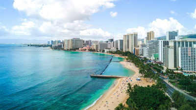Hotels line the Waikiki beachfront. STR cited the devastating wildfires on Maui as the primary contributor to Oahu's standout performance for the week of Aug. 13 to 19.