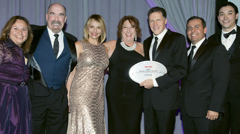 Travel Weekly's Arnie Weissmann (third from right) with, from left, Martha Troncoza, Michael Weldon, Ana Parodi, Michele Saegesser, Erik De La Cruz and Michael Eng of Viking Cruises. Viking repeated its wins in the River Cruising and River Cruise Sales & Service categories.