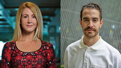 Left, Julie Higgins, director of hotel operations and sustainability officer for Uniworld Boutique River Cruises, and Mikey Sadowski, vice president of global communications for Intrepid Travel, are the 2023 USTOA Future Lights recipients.